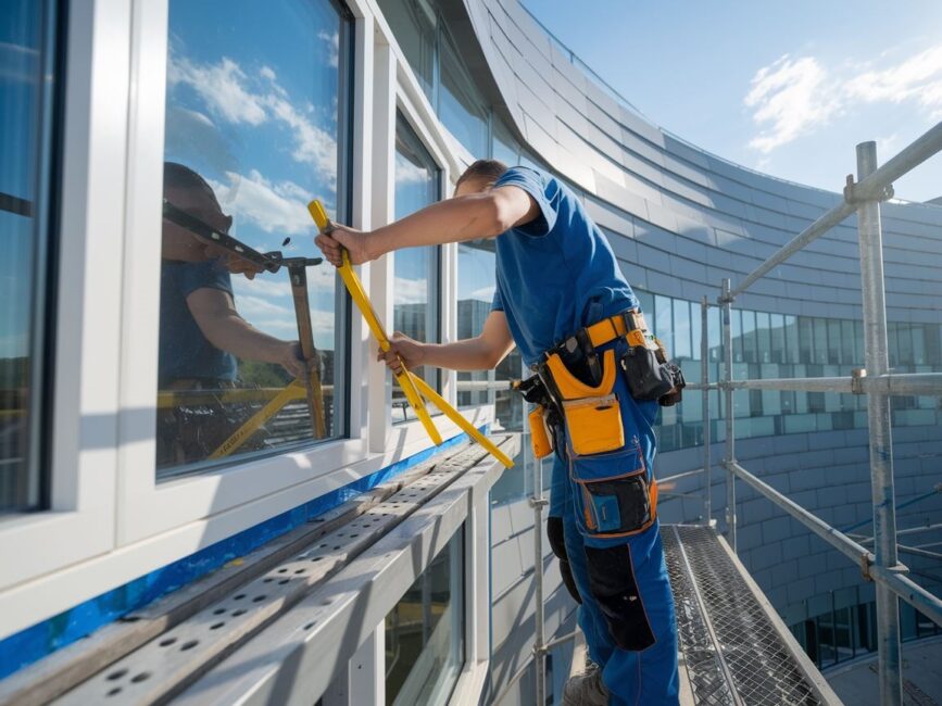 Fachowiec przy pracy nad instalacją ram okiennych